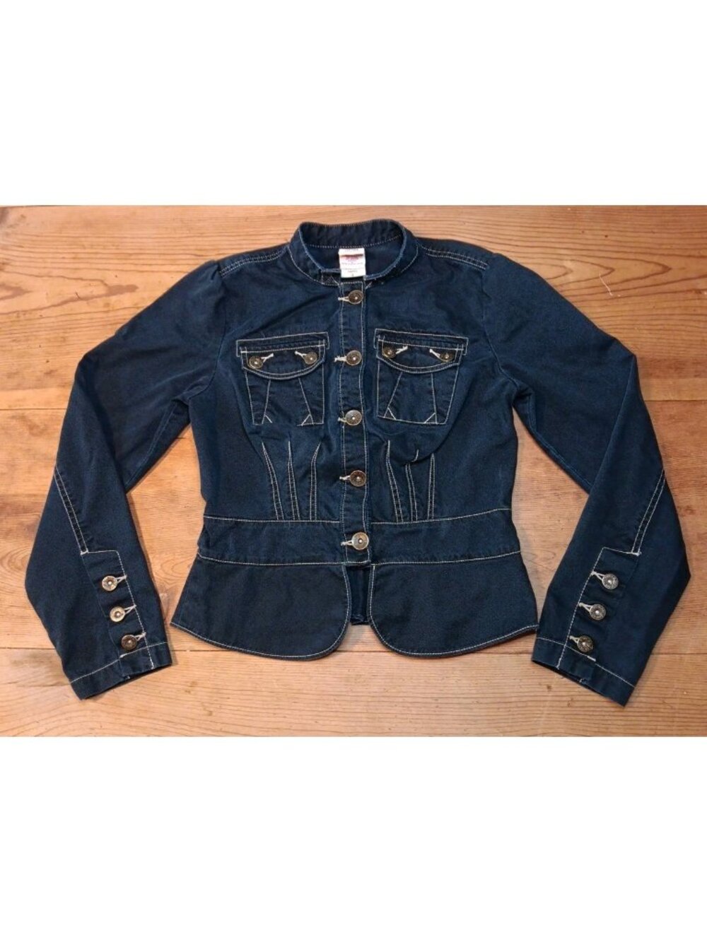 Vtg Faded Glory Womens 4 Black Jean Jacket Denim Peplum Stitched Steampunk Goth